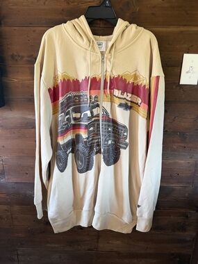 Vintage-Inspired Beige Hoodie Shirt with Off-Road Truck Graphic